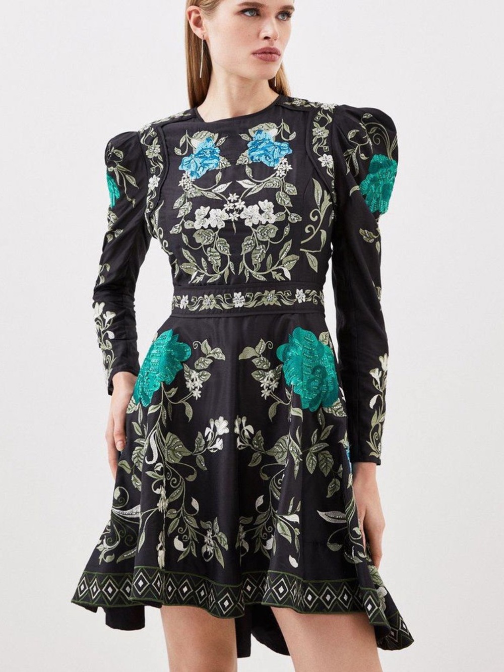 KAREN MILLEN, Embrodiered and Beaded Open Back Woven Mini Dress
